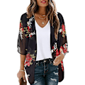 Miniatyrbilde 1 av 5: Kvinners blomstrete puff-ermet kimono-jakke løs dekke casual bluse