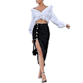 Miniatyrbillede 4 af 5: Kvindes Casual Højtaljet Solid Button Up Denim Jean Skjørt Sort L Black