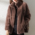 Miniatyrbillede 1 af 7: Dame Fleece Fluffy Teddy Bear Frakke Almindelig Lomme Jakke Yderbeklædning Brun XL Brun