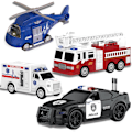 Pikkukuva 1 / 6: Paloauto-, ambulanssi-, poliisiauto- ja helikopterpaketti, lelusetti hätäajoneuvoilla, valoilla ja äänillä, kitkamotoriset autot