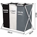 Miniatyrbilde 4 av 5: Foldbar vaskeromskurv Trippel vaskeromskurv 3 avtakbare poser (155L) med stoffhåndtak for baderom Hjemmevask 68x38x60cm (Grå Hvit Svart)