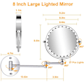 Miniatyrbilde 4 av 4: 8-tommers LED-sminkespeil med veggmontering, opplyst forstørrelsesspeil, 1x/10x forstørrelse, USB-lading, 360° uttrekkbar og roterbar, for baderom og hjem