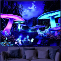 Miniatyrbillede 1 af 5: Blacklight Gobelin til soveværelse æstetik, Gobelin UV-reaktiv Galaxy Space Glow In the Dark, Fantasy Forest Moon Wall Tapestry f