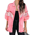 Miniatyrbillede 1 af 4: Afslappet denimjakke med frynser til kvinder Pink Pink-X43- Pink M