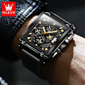 Miniatyrbillede 3 af 6: Olevs Toppmärken Ny fyrkantig ur Multifunktionskronograf läderrem Vattentät Mode Business Armbandsur för män Black