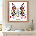 Miniatyrbild 3 av 4: Katt- och blomsterkorsstygnskit för vuxna, tryckt stämplat