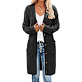 Miniatyrbillede 1 af 5: Dame Langærmet Kabelstrikket Lang Cardigan Åben Foran Trøje med Knapper Yderbeklædning Sort black XL
