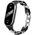 Miniatyrbillede 1 af 6: Kompatibel med Xiaomi Mi Band 8 Armbånd, Udskiftningsarmbånd Åben Design Rustfrit Stål Ring Læderkæde Bælte Åndbart Elegant Armbånd til Kvinder Black Silver