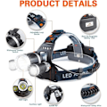 Miniatyrbilde 2 av 4: Lades opp LED hodelykt, 5000 lumen hodelykt, superlett T6 LED hodelykt, vanntett hodelykt med 2 batterier.