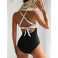 Miniatyrbillede 2 af 4: Dame Badetøj i ét stykke, Mavekontrol, Udskæring, Højtaljet Badetøj, Wrap Tie Back, 1-delt Badetøj, black strip-FA3- black strip M