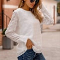 Miniatyrbild 4 av 5: Långärmad Blus Rund Hals Lös Passform Mjukt Andningsbart Enfärgad Dam Casual Topp för Arbete Dejt Shopping