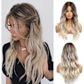 Miniatyrbild 1 av 5: Lång vågig gradient brun till blond peruk för kvinnor, gradientfärgad peruk, lämplig för daglig festrollspel