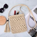 Miniatyrbild 3 av 4: Stråväska för damer, sommarstrand tofs stråväska, vävd handgjord dragkedja enkel crossbody-väska, axelväska i bohemisk stil för sommarstrandresor