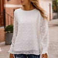 Miniatyrbild 3 av 5: Långärmad Blus Rund Hals Lös Passform Mjukt Andningsbart Enfärgad Dam Casual Topp för Arbete Dejt Shopping