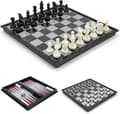 Schackset Backgammon och Dam 3 i 1, Portabelt och Vikbart Schackbräde, Magnetiskt Schack, Reseschackbräde Damspel