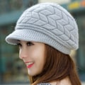 Miniatyrbilde 2 av 2: Vinterstrikket lue for kvinner med brem, elegant beanie med varm fleecefôr grey