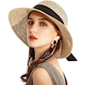 Miniatyrbilde 1 av 4: Kvinners Solhatt av Halm med Bred Bremm, Foldbar Strandhatt, UV UPF 50+, Sommer Solhatt for Kvinner, Svart Sløyfe-Beige