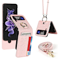 Pikkukuva 2 / 5: Lompakkokotelo Yhteensopiva Samsung Galaxy Z Flip 4:n kanssa, PU-nahkakansi crossbody-kaulanauhalla ja rengaspidikkeellä