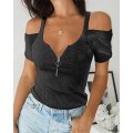 Miniatyrbilde 4 av 6: Dame-t-skjorte i ren farge, sommer topp glidelås Off Shoulder Z X Pink L