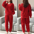 Pikkukuva 2 / 3: HAUFR Naisten Pörröinen Fleece Pyjama-setti, 2-osainen Lämmin Fleece-pyjamasetti Pehmeä Yöasu Pitkähihaiset Pyörökaulataskut Housut -1 Red X-Large