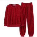 Pikkukuva 3 / 3: HAUFR Naisten Pörröinen Fleece Pyjama-setti, 2-osainen Lämmin Fleece-pyjamasetti Pehmeä Yöasu Pitkähihaiset Pyörökaulataskut Housut -1 Red Large