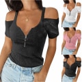 Miniatyrbillede 3 af 6: Kvinders ren farve afslappet sommer top lynlås off skulder T-shirt Pink 2XL