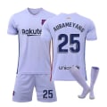 Miniatyrbilde 1 av 2: Barcelona Borte nr. 10 Messi nr. 25 Aubameyang 21 De Jong 9 Depay Fotballdrakt Fati-trøye Barnedrakt 21 22 Messi 10 Z X 21 22 Aubameyang 25 Kids 18(100-110CM)