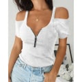 Miniatyrbillede 5 af 6: Kvinders Pure Color Casual sommer Top lynlås Off houlder T-shirt White S