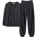 Miniatyrbild 2 av 3: HAUFR Dam Fluffy Fleece Pyjamas Set 2 delar Varm Fleece Pyjamas Set Mjuka nattkläder Långärmade Crewneck fickor Byxor -1 Black Medium