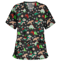 Miniatyrbilde 1 av 2: Christmas Nurse Uniform Dame V-hals Print T-skjorte Uformell Kortermet Pocket Topper W 3 XL