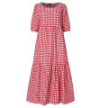 Miniatyrbillede 3 af 5: Kvinders sommer plaid puffy kortærmet midikjole -1 Red,XL