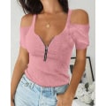 Miniatyrbillede 6 af 6: Kvinders ren farve afslappet sommer top lynlås off skulder T-shirt Black 2XL