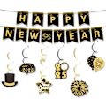 Miniatyrbilde 1 av 5: Svart & gull Happy New Year Banner - 2025 Nyttårsaften Dekorasjoner Festartikler | Bunting Dekor Ornamenter