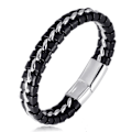 Miniatyrbillede 1 af 5: Drenge Ægte Læder Armbånd Sort.titan Sølv Kæde Magnetlås 7\"/18cm