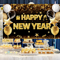 Miniatyrbild 3 av 5: 2025 Gott Nytt År Bakgrundsbanner, 70.8 x 45.2 tum 2025 Gott Nytt År Svart Guld Poster Fotobås Bakgrundsbanner