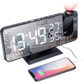Miniatyrbild 1 av 5: Projektionsväckarklocka för sovrum, digital väckarklocka med USB-laddare, 7,4 tum stor LED-spegeldisplay radioväckarklocka, svart
