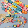 Miniatyrbilde 3 av 5: Treleker med dyr og frukt for barn - Perler, sensorisk læring, utdanning, gave, 14 deler