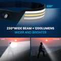 Miniatyrbilde 5 av 5: 230° Brightbeam Hodelykt Oppladbar, LED Oppladbar Hodelykt, LED Stripe Hodelykt Lommelykt med Bevegelsessensor, 10 Moduser Vanntett LED Hodelykt