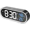 Miniatyrbild 1 av 5: Digital spegelväckarklocka, LED digital klocka, stor display för tid/temperatur/fuktighet, 40 ringsignaler, USB-laddning, svart väckarklocka