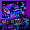 Miniatyrbillede 3 af 5: Blacklight Svampe Gobelin UV Måne og Stjerner Gobeliner Selvlysende Planter Gobelin Nattehimmel Æstetisk Gobelin Væg