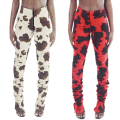 Miniatyrbillede 1 af 3: 2x Køer Print Lynlås Kvinder Stablede Bukser Høj Talje Mode Gade Stil Slank Bodycon Efterår Lang Tr