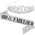 Miniatyrbillede 1 af 3: Kvinde Glitrende Rhinestone Bogstav Trykt Sash Tiara Sæt Fødselsdagsfest Tilbehør-farvesølv 60 År Gammel