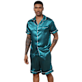 Miniatyrbild 1 av 8: Män Satin Pyjamas Set 2 Delar Loungewear Knapp-Ner Pjs Set green M