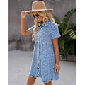 Miniatyrbilde 8 av 8: Kvinners kortærmet knappestoppende flytende lagdelt babydoll-denimkjole Black 2XL