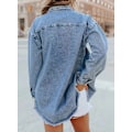 Miniatyrbild 5 av 6: Överdimensionerad Denimjacka för Kvinnor, Casual Lång Boyfriend Distressed Jeans Skjorta Dark Blue L