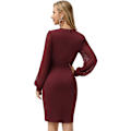 Miniatyrbillede 3 af 5: Kvindes Kjole Langærmet Wrap V-hals Bodycon Business Kjole Wine Red M