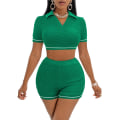 Miniatyrbilde 1 av 5: Dame Plaid Lapel Korte Ermer Shorts Tracksuit Green M