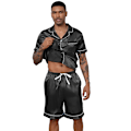Miniatyrbild 2 av 9: Män Satin Pyjamas Set 2 Delar Loungewear Knapp-Ner Pjs Set black L