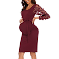 Miniatyrbilde 1 av 5: Blomstermønstret Mesh Bishop Langærmet Graviditets-Midikjole, Høst Graviditets-Bodycon Kjole Dark Red M