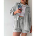 Miniatyrbild 2 av 5: Dam 2-delad byxa set Linne Shirtort set Light Gray XL